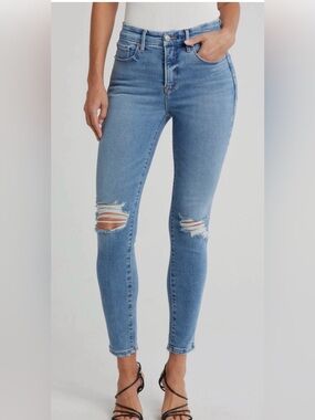 Good American High Rise Distressed Blue Jean Skinny with Raw Hem Size 0 / 25